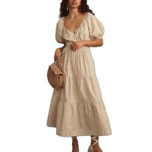 Anthropologie Somerset Maxi Dress in Polka Dot Puff Sleeve Cream Gold Prairie XL